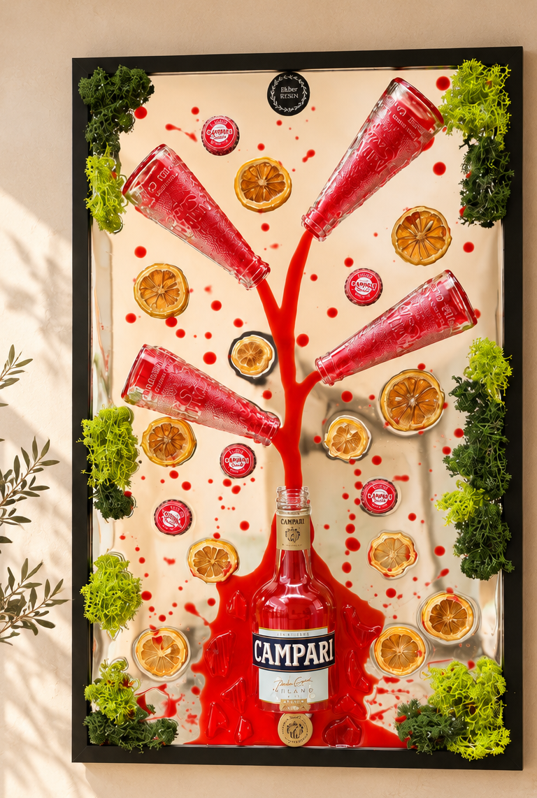 Campari műgyanta kollázs napfényes enteriőrben