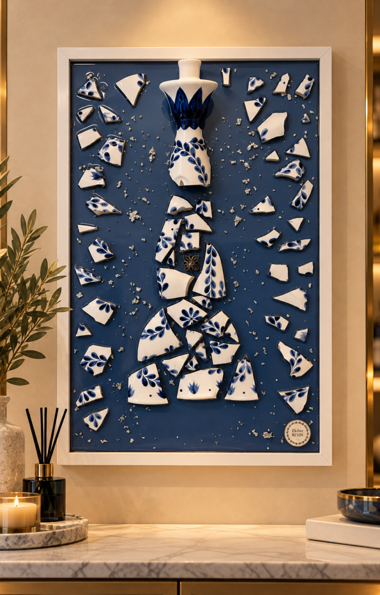 Mosaico in resina con vaso in porcellana blu
